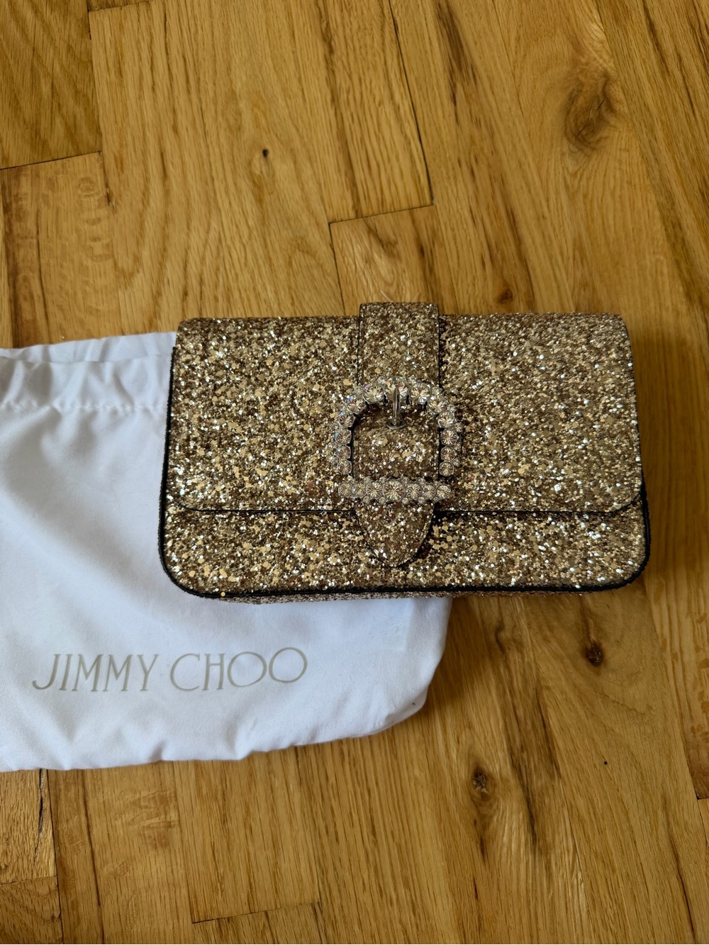 Jimmy Choo Gold Glitter Jeweled Buckle Clutch